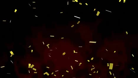 Animation-of-golden-confetti-falling-against-red-background-with-copy-space