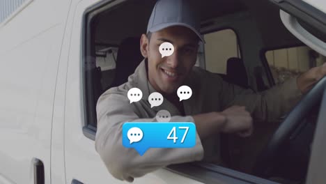 Animation-of-notification-label-with-numbers-and-speech-bubbles,-biracial-man-sitting-in-vehicle