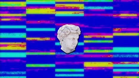 Animation-of-antiquehead-sculpture-with-glitch-over-multicoloured-background