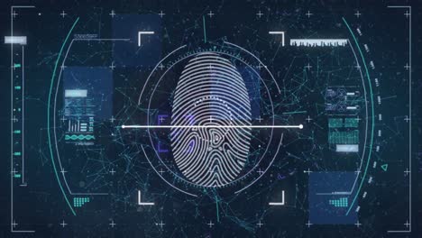 Animation-of-fingerprint-in-viewfinder-and-circles-over-connected-dots-against-abstract-background