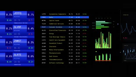 Animation-of-financial-data-processing-with-screens-over-black-background