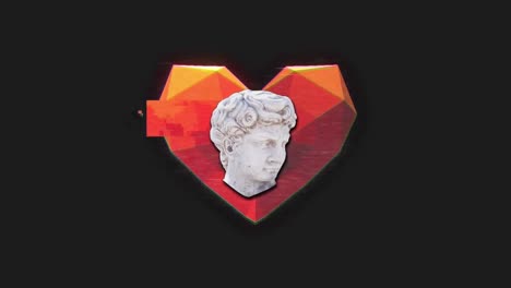 Animation-of-antique-sliced-head-sculpture-over-red-heart-on-black-background