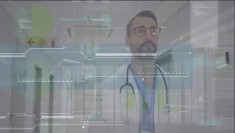Animation-of-interface-with-data-processing-over-caucasian-male-doctor-walking-in-hospital-corridor