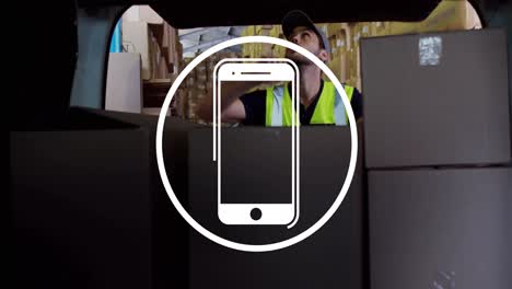 Animation-of-cellphone-in-circle-over-caucasian-man-placing-boxes-in-vehicle-at-warehouse