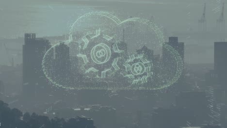 Animation-Einer-Wolke-Mit-Zahnrädern-Und-Datenverarbeitung-über-Dem-Stadtbild