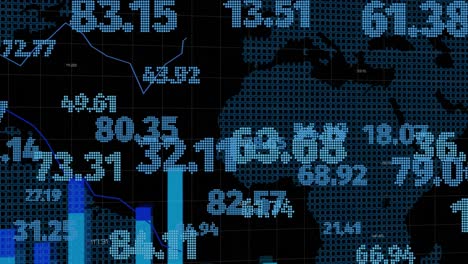 Animation-of-financial-data-processing-with-numbers-over-world-map-on-black-background