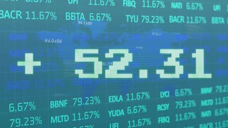 Animation-Der-Datenverarbeitung-An-Der-Börse-über-Einer-Weltkarte-Vor-Blauem-Hintergrund