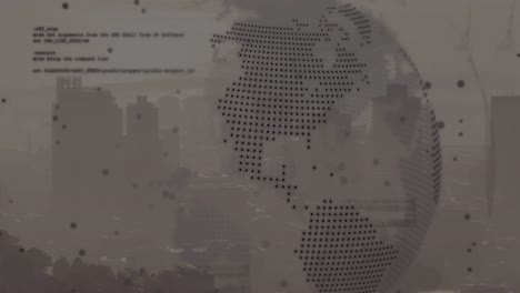Animation-of-spinning-globe-and-data-processing-against-aerial-view-of-cityscape
