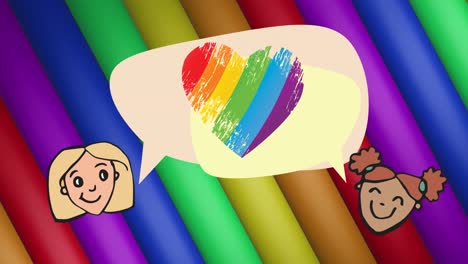 Animation-of-two-girls-chatting-over-rainbow-heart-and-stripes-and-colours-moving-on-seamless-loop