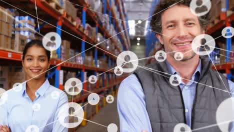 Animation-of-network-of-profile-icons-over-team-of-diverse-supervisors-smiling-at-warehouse