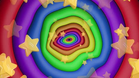 Animation-Von-Gelben-Sternen-über-Regenbogenkreisen-Und-Farben,-Die-Sich-In-Einer-Nahtlosen-Schleife-Bewegen