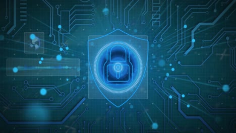Animation-of-padlock-in-shield-over-circles-against-circuit-board-pattern-on-blue-background