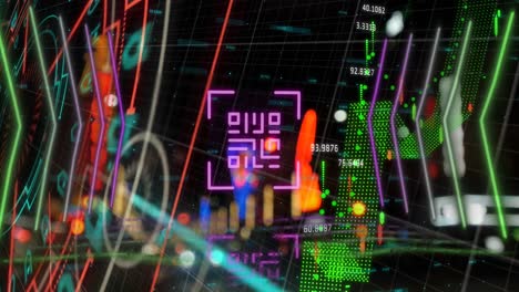 Animation-Des-Neon-QR-Code-Scanners-Und-Der-Finanzdatenverarbeitung-Gegen-Den-Nächtlichen-Stadtverkehr