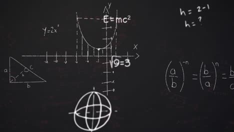 Animation-of-mathematical-equations-and-diagrams-against-black-background