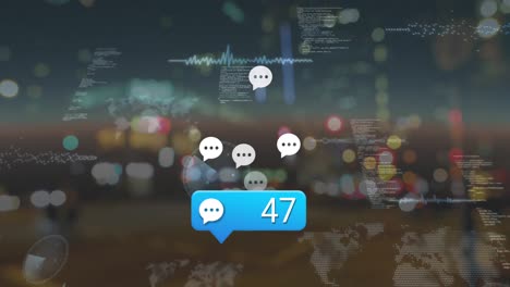 Animation-of-message-icons-with-increasing-numbers-against-blurred-view-of-night-city-traffic