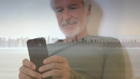 Animation-of-media-icons-and-cityscape-over-senior-caucasian-man-using-smartphone