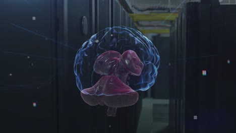 Animation-Von-Weißen-Flecken-Und-Einem-Menschlichen-Gehirnsymbol,-Das-Sich-Gegen-Den-Computerserverraum-Dreht