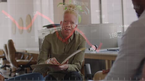 Animation-of-red-line-and-data-processing-over-african-american-albino-man-in-office