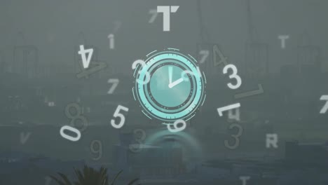 Animation-of-changing-numbers-and-neon-ticking-clock-icon-against-aerial-view-of-cityscape