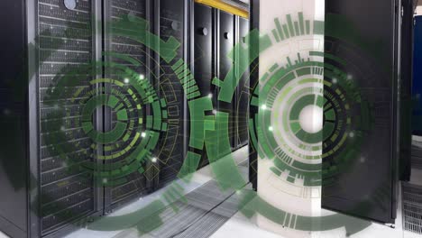 Animation-of-two-green-round-scanner-spinning-against-computer-server-room