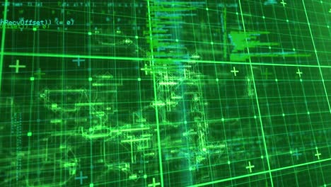 Animation-of-data-processing-over-grid-network-against-green-background
