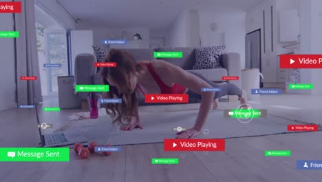 Animation-of-media-icons-over-caucasian-woman-doing-push-ups-at-home