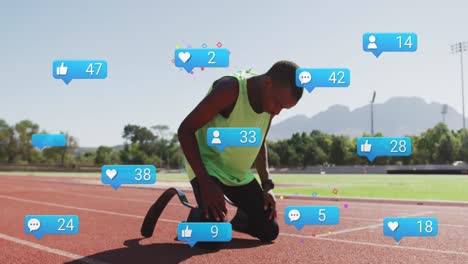 Animation-of-notification,-african-american-man-with-prosthetic-leg-kneeling-on-track-and-screaming