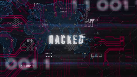 Animation-of-hacked-text-banner-over-world-map-and-microprocessor-connections-on-black-background