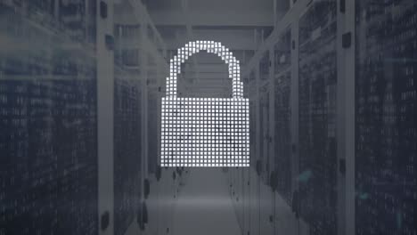 Animation-of-changing-security-padlock,-shield-and-cloud-icon-against-computer-server-room