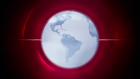 Animation-of-globe-icon-and-light-trail-over-concentric-circles-against-glowing-red-background