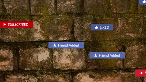 Animation-of-social-media-icons-and-data-processing-over-brick-wall