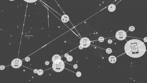 Animation-of-network-of-connections-with-icons-and-data-processing-on-black-background