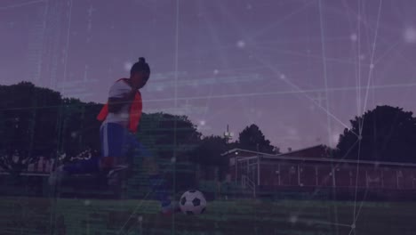 Animation-of-network-of-connections-over-african-american-female-football-player-with-football
