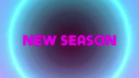 Animation-of-new-season-neon-text-and-flashing-circles-over-dark-background