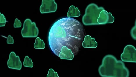 Animation-Von-Wolkensymbolen-Und-Datenverarbeitung-über-Den-Globus