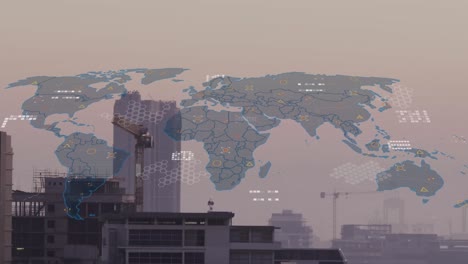 Animation-Der-Datenverarbeitung-Und-Weltkarte-Im-Vergleich-Zur-Luftaufnahme-Der-Baustelle