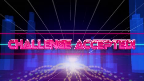 Animation-of-challenge-accepted-text-banner-over-light-trails-against-3d-city-model