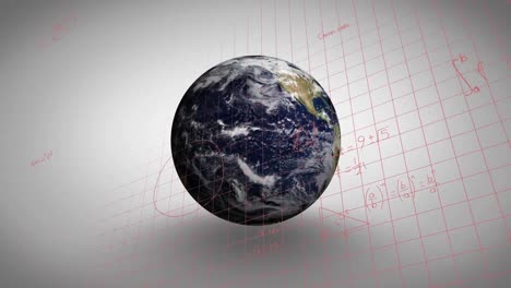 Animation-Mathematischer-Gleichungen-über-Einem-Gitternetz-Vor-Einem-Sich-Drehenden-Globus-Auf-Grauem-Hintergrund