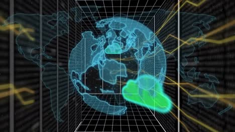 Animation-Von-Globus,-Weltkarte,-Datenverarbeitung-Und-Verbindungen-über-Gitter