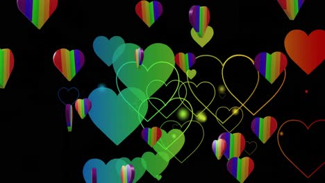 Animation-of-rainbow-hearts-over-black-background