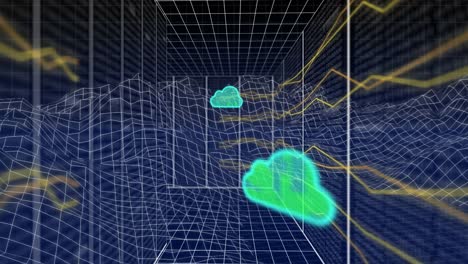 Animation-Von-Wolkensymbolen-Und-Datenverarbeitung-über-Metaverse-Raster