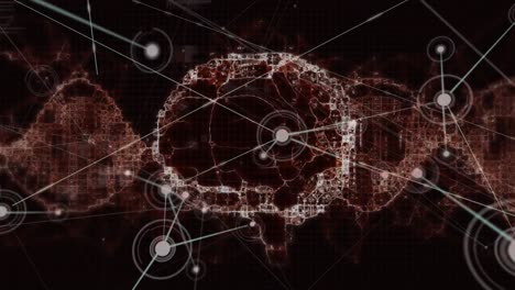 Animation-of-network-of-connections-over-spinning-human-brain-icon-against-black-background