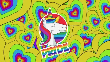 Animation-of-pride-text,-unicorn-and-rainbow-hearts