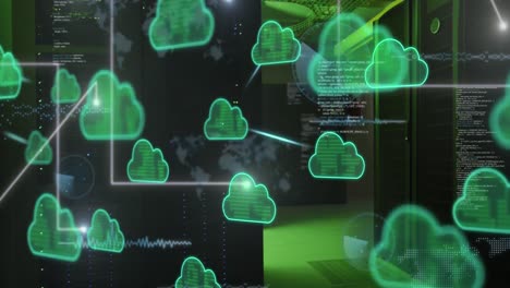 Animation-Von-Cloud-Symbolen-Und-Datenverarbeitung-über-Computerserver