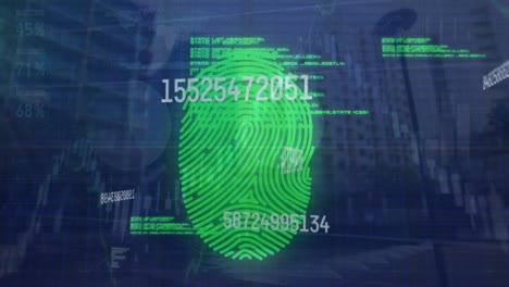 Animation-of-numbers,-financial-data-processing-over-biometric-fingerprint