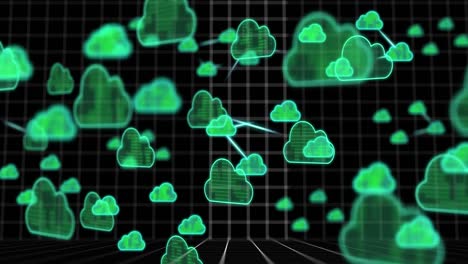 Animation-Von-Wolkensymbolen-Und-Datenverarbeitung-über-Raster