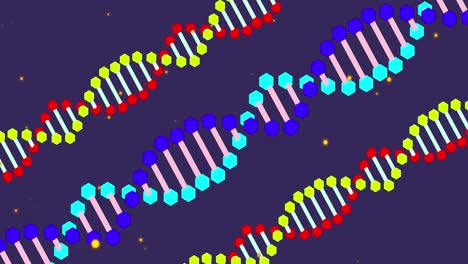 Animation-of-yellow-spots-over-dna-structures-spinning-against-blue-background