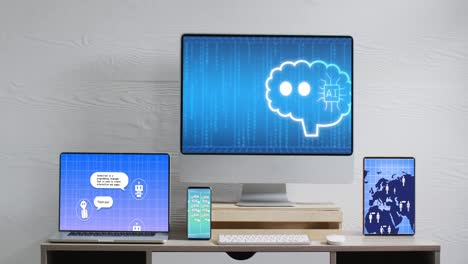 Office-desk-with-technology-devices-with-digital-chat,-icons-and-world-map-on-screens