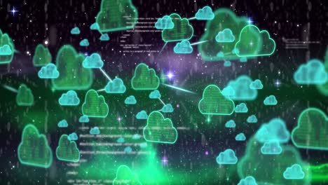 Animation-Von-Wolkensymbolen-Und-Datenverarbeitung-über-Sternen