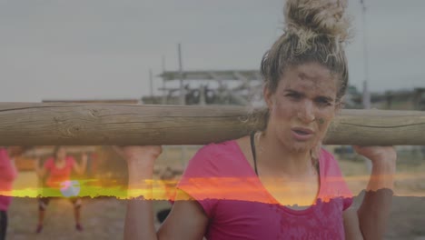 Animation-of-sunset-over-diverse-women-at-obstacle-course-carrying-wooden-bars